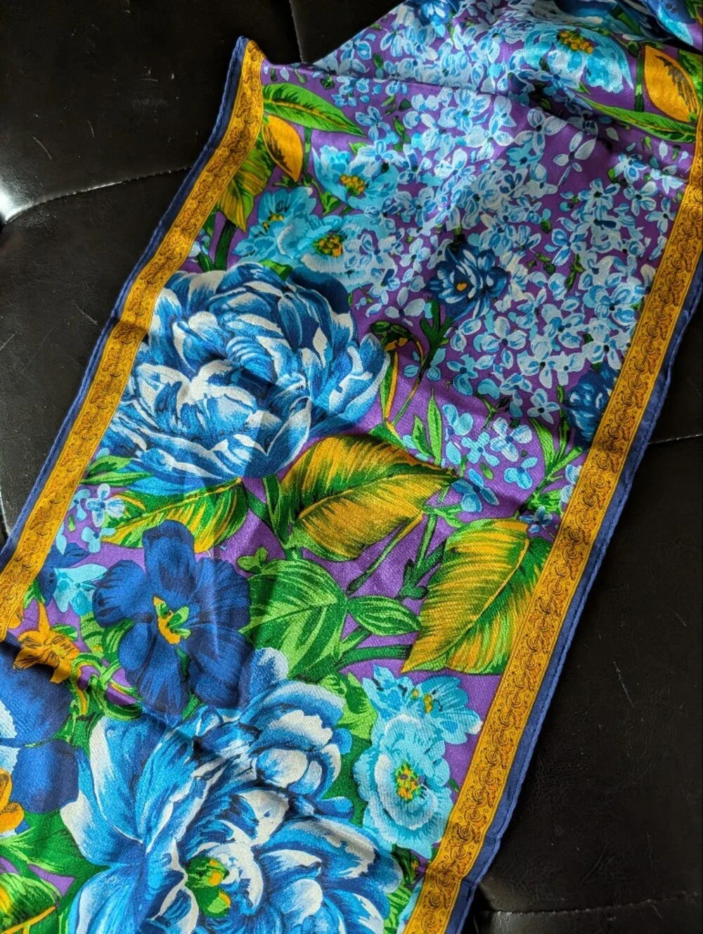 Blue Floral Border Silk Women's Scarf Oscar De La Renta Studio